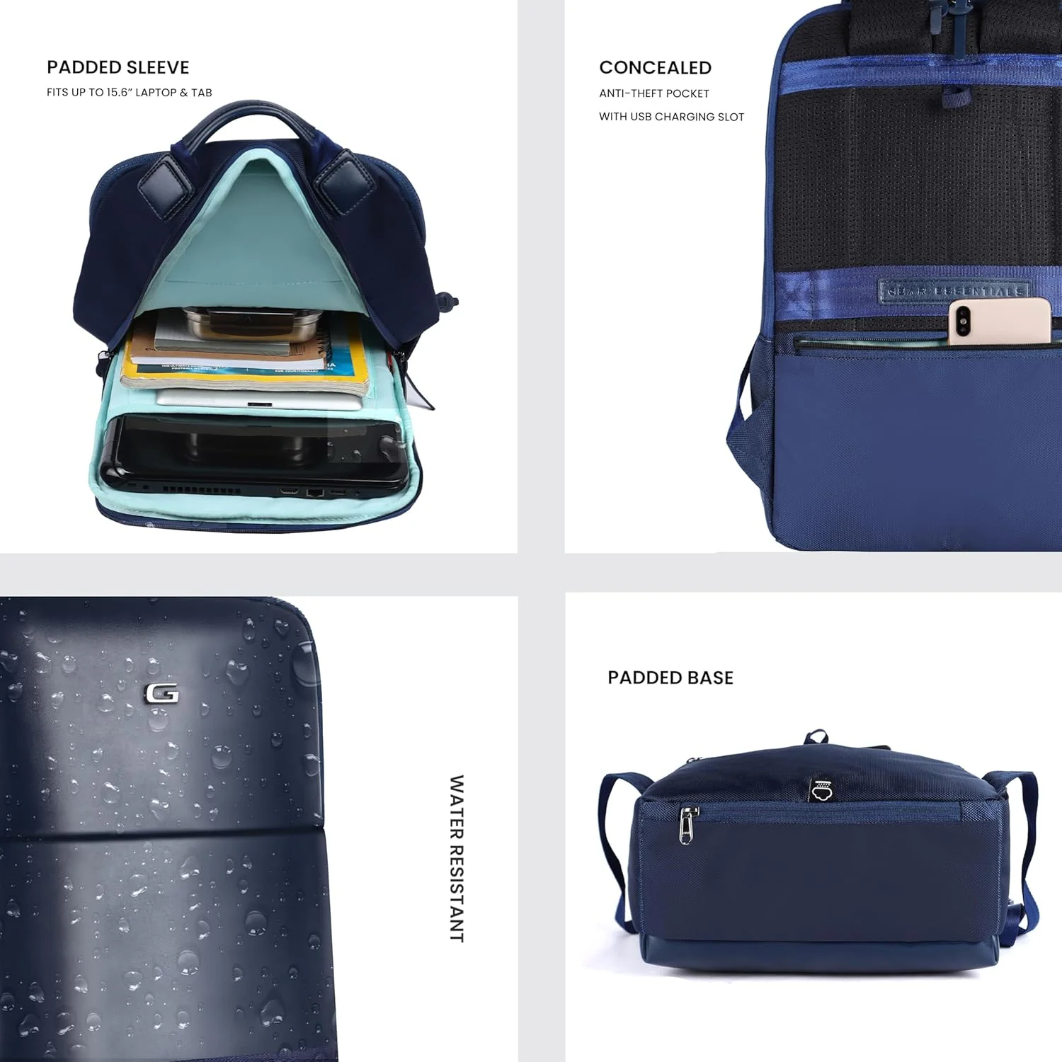 Gear Elevate 17"/20L Faux Leather Water Resistant Anti-Theft Laptop Bag/Backpack/Office Bag with Rain Cover for Men/Women (Navy-Mint) - Image 4