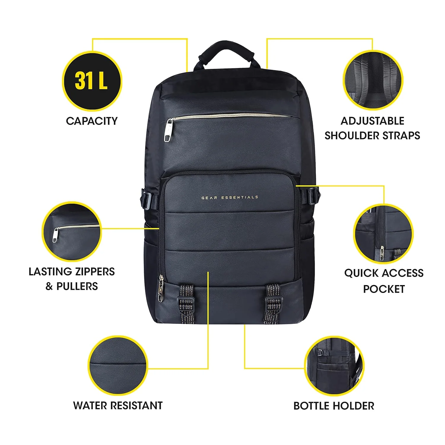Gear Double Decker 19"/31L Large Water Resistant Faux Leather Laptop Backpack | Backpack | Office Bag | Daypack | Travel Bag | Casual Backpack Men/Women (Black - Black) - Image 4