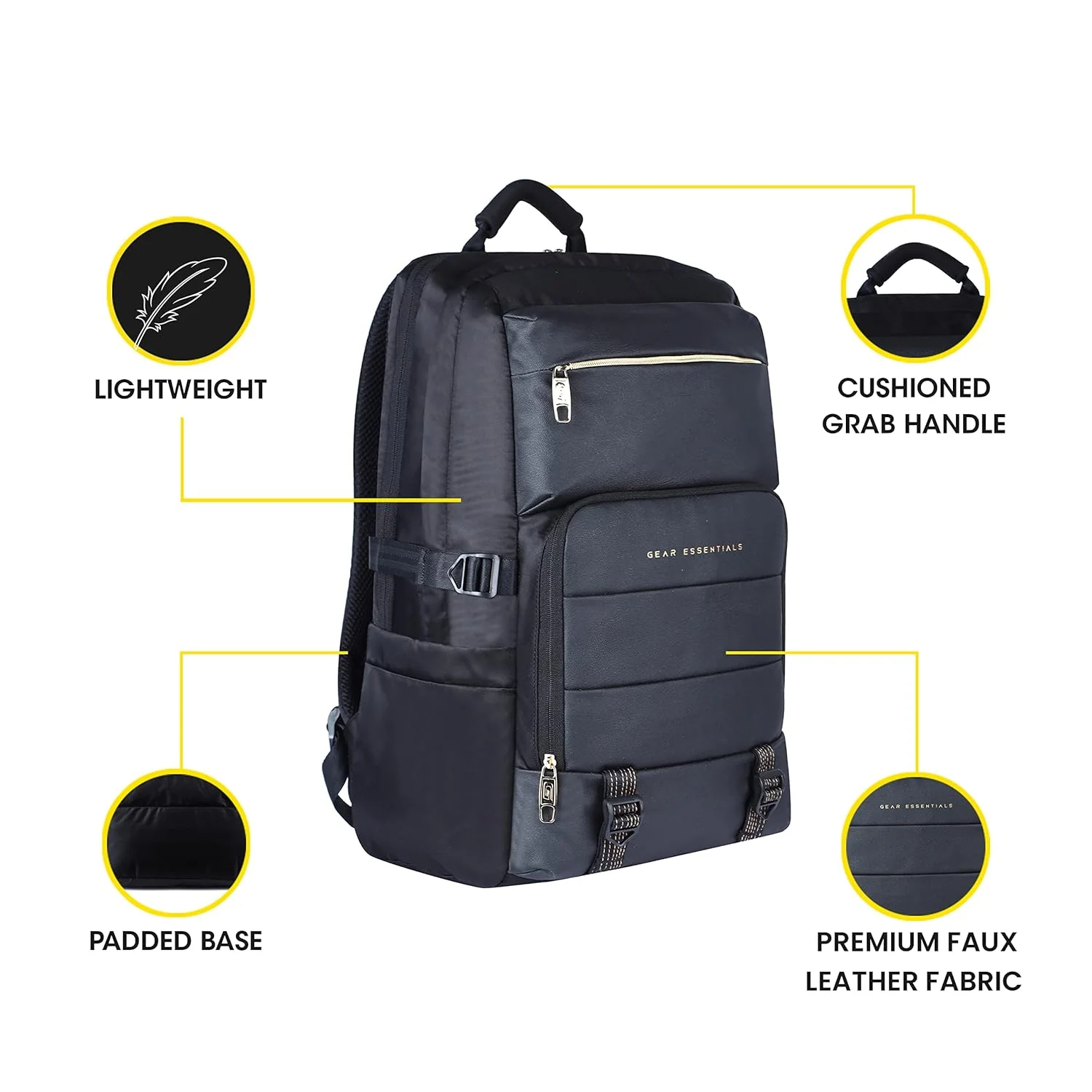 Gear Double Decker 19"/31L Large Water Resistant Faux Leather Laptop Backpack | Backpack | Office Bag | Daypack | Travel Bag | Casual Backpack Men/Women (Black - Black) - Image 5
