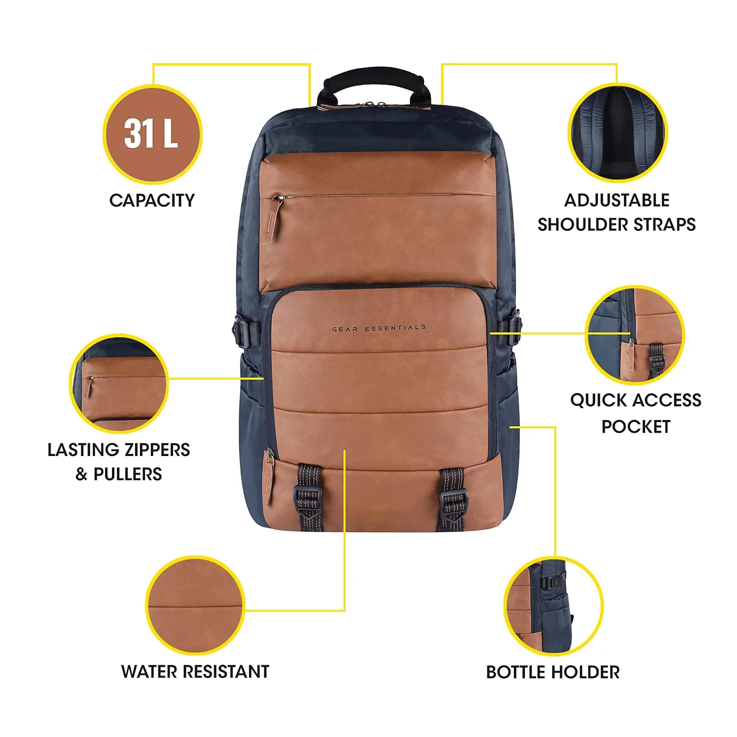 Gear Double Decker 19"/31L Large Water Resistant Faux Leather Laptop Backpack | Backpack | Office Bag | Daypack | Travel Bag | Casual Backpack Men/Women (Navy-Tan) - Image 8