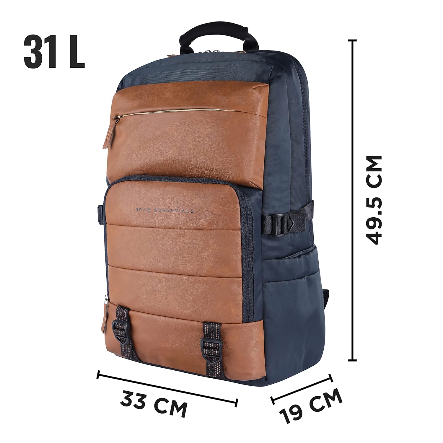 Gear Double Decker 19"/31L Large Water Resistant Faux Leather Laptop Backpack | Backpack | Office Bag | Daypack | Travel Bag | Casual Backpack Men/Women (Navy-Tan) - Image 9