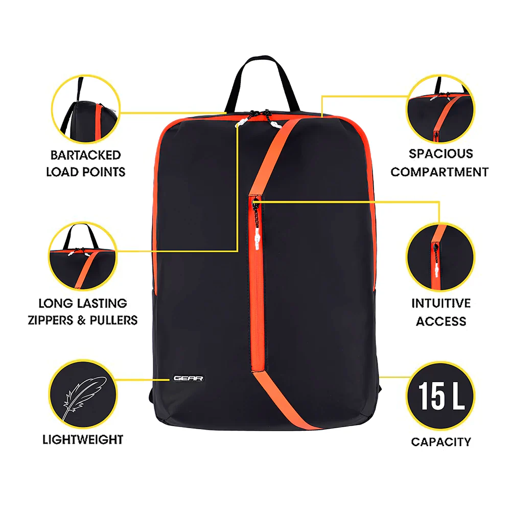Gear Lite 15L Small Water Resistant Backpack (Black/Neon Orange) - Image 7