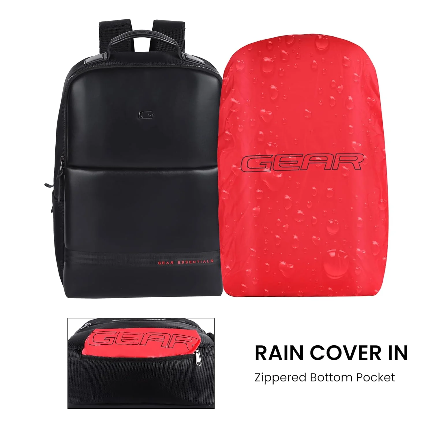 Gear Elevate 17"/20L Faux Leather Water Resistant Anti-Theft Laptop Bag/Backpack/Office Bag with Rain Cover for Men/Women (Black-Red) - Image 6