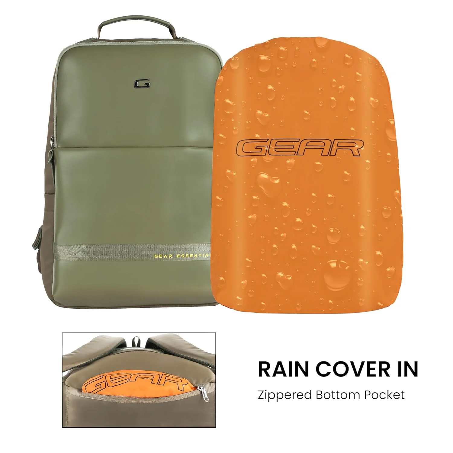 Gear Elevate 17"/20L Faux Leather Water Resistant Anti-Theft Laptop Bag/Backpack/Office Bag with Rain Cover for Men/Women (Olive-Yellow) - Image 3