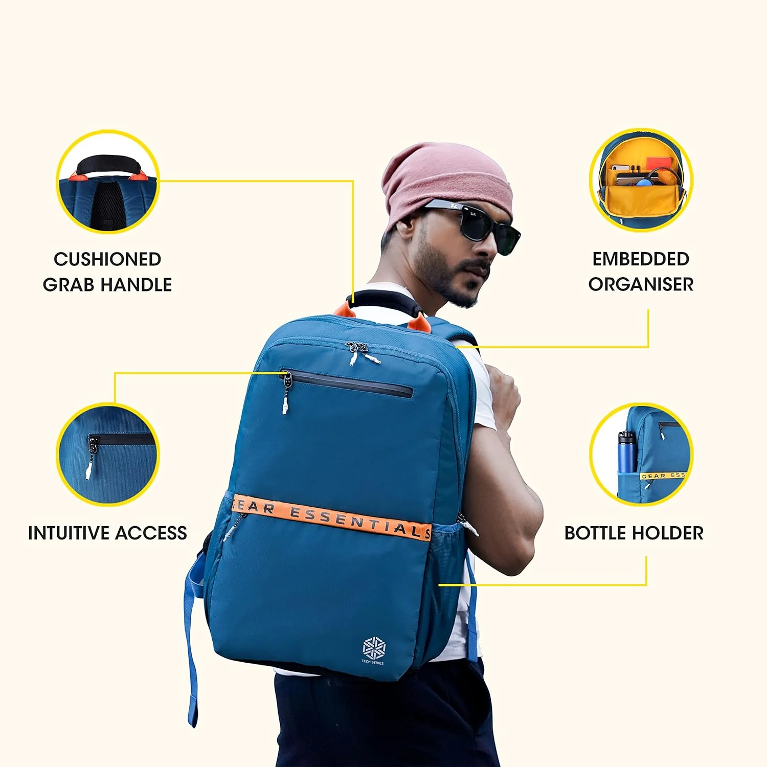 Gear LOGI-Q 27L Backpack with Trolley Sleeve for Men/Women (Teal-Yellow) - Image 9